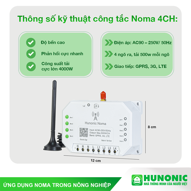 Công tắc Hunonic Noma 4CH Điều khiển mọi thiết bị từ xa qua điện thoại dùng sim